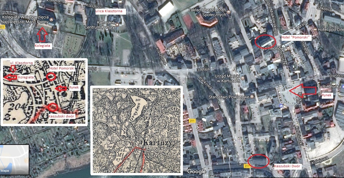 Śladami Marii Dąbrowskiej w Kartuzach. Opracowaniw własne na podstawie: 1. Google Maps. 2. Archiwum Map WIG [mapa z 1924 roku].
